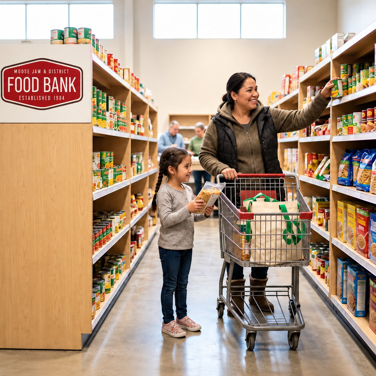 A woman and child choosing groceries beside a shopping cart in the Moose Jaw & District Food Bank pantry.