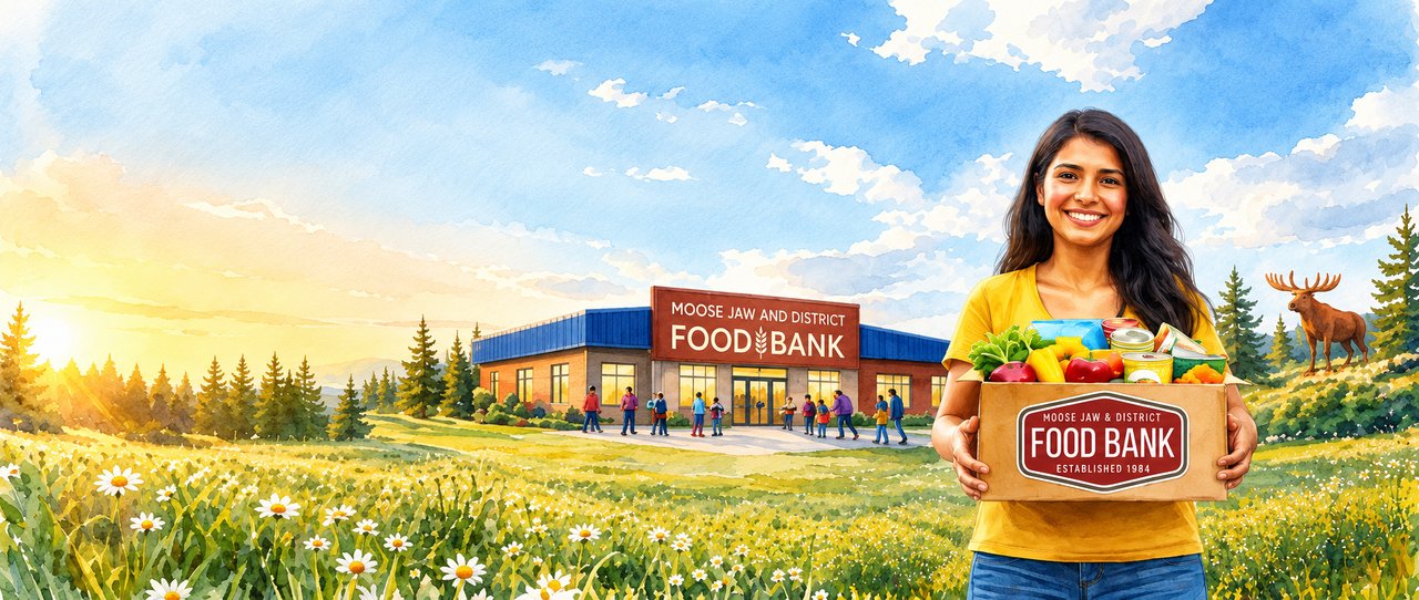 A smiling woman holds a Moose Jaw & District Food Bank box full of fresh vegetables and groceries, with the food bank building, neighbours and a moose on the prairie behind her.