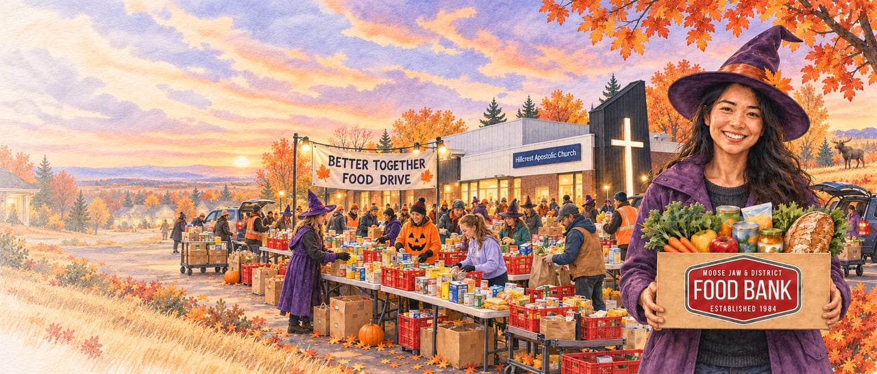 Watercolour of a smiling volunteer in a Halloween costume holding a Moose Jaw & District Food Bank grocery box at the Better Together Food Drive, with volunteers sorting donations in Hillcrest Church’s parking lot on Halloween night.