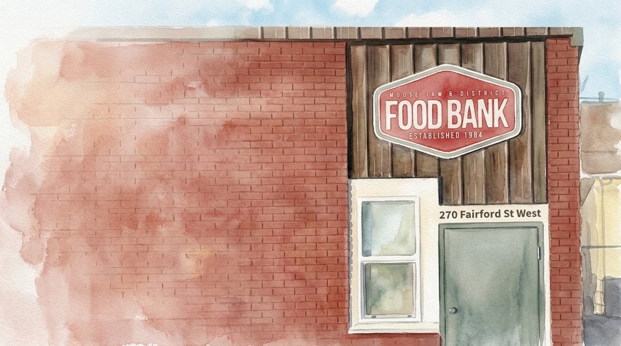 Watercolour of the Moose Jaw & District Food Bank entrance, with its Food Bank sign and green door.