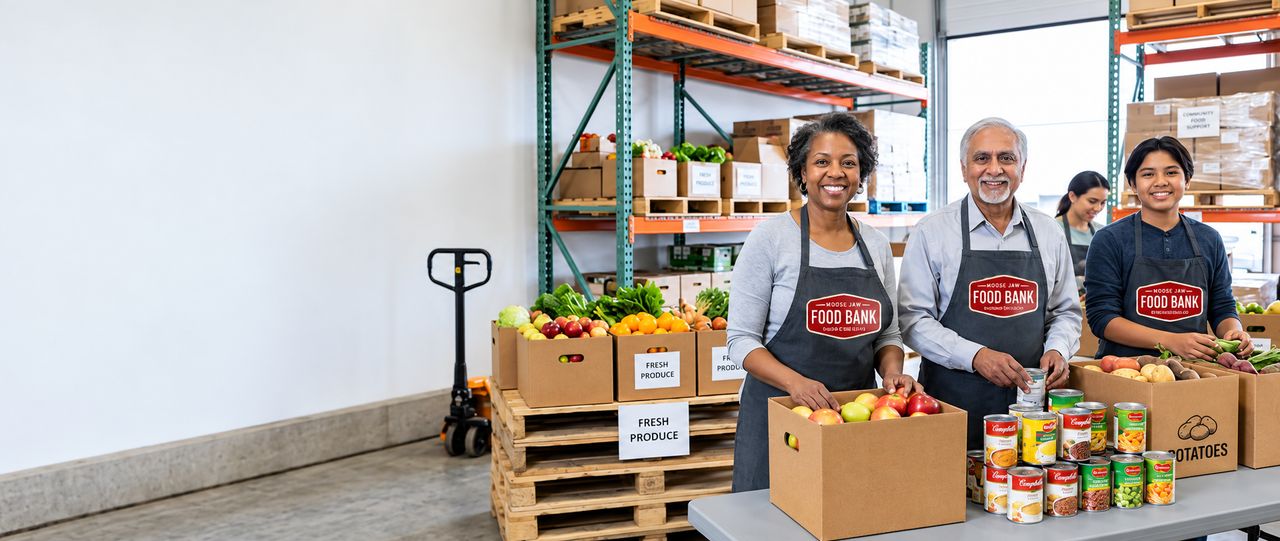Volunteers packing fresh produce and canned food into donation boxes at a food bank.
